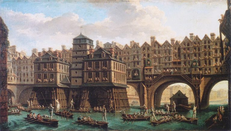 Tableau de Raguenet de 1751 qui dépeint une dizaine de barques sur la Seine où des équipes vont s'affronter dans des joutes et des spectateurs à toutes les fenêtres des maisons construites sur le Pont au Change