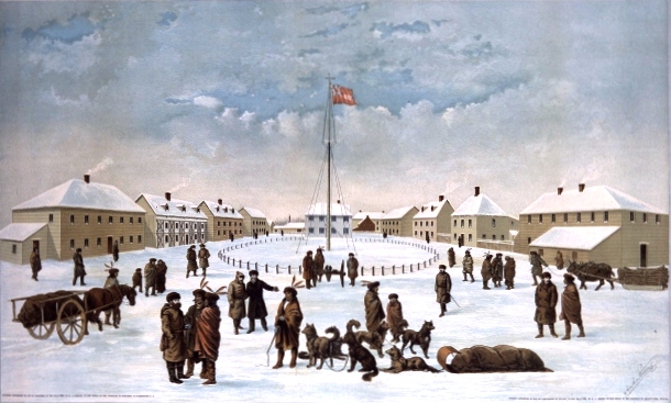 Estampe de 1884 en couleur où l'on voit, sur la place enneigée du Fort Garry devant un drapeau, divers personnages avec des chiens et traineauxen conversation