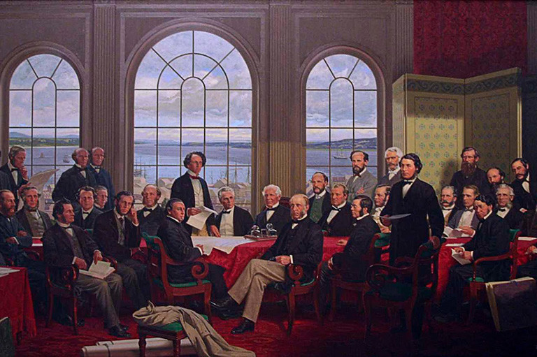 Tableau (peinture huile) du 19e siècle où l'on voit réunis les pères fondateurs de la Confédération du Canada en 1867.